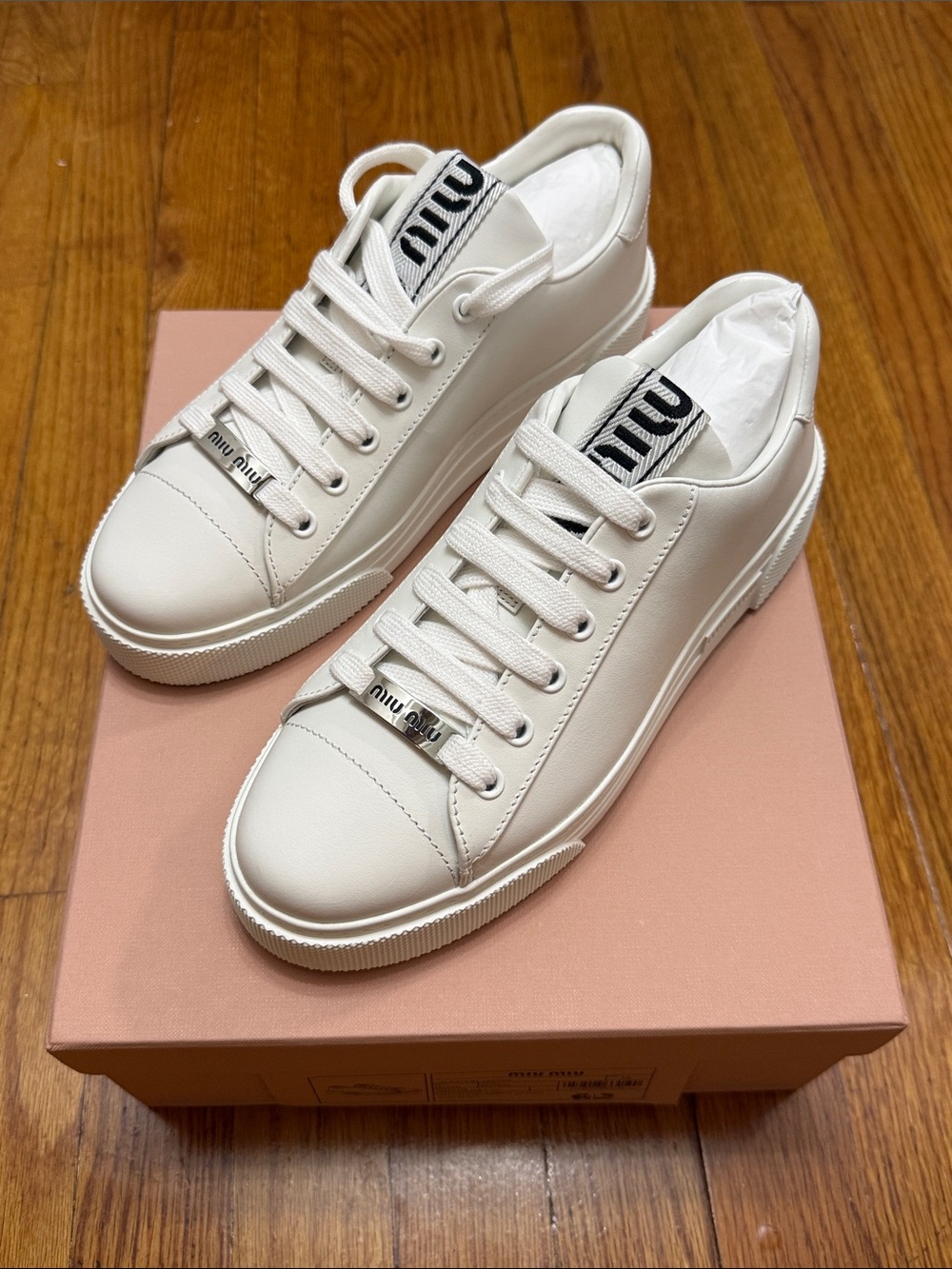Miu Miu Cream Leather Low-Top Sneakers with Logo Tongue